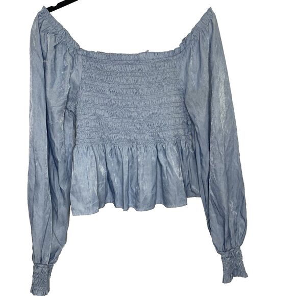 CANDIES Blouse Smocked Off Shoulder Long Sleeve Shimmer Top Womens L Light Blue - Picture 1 of 12